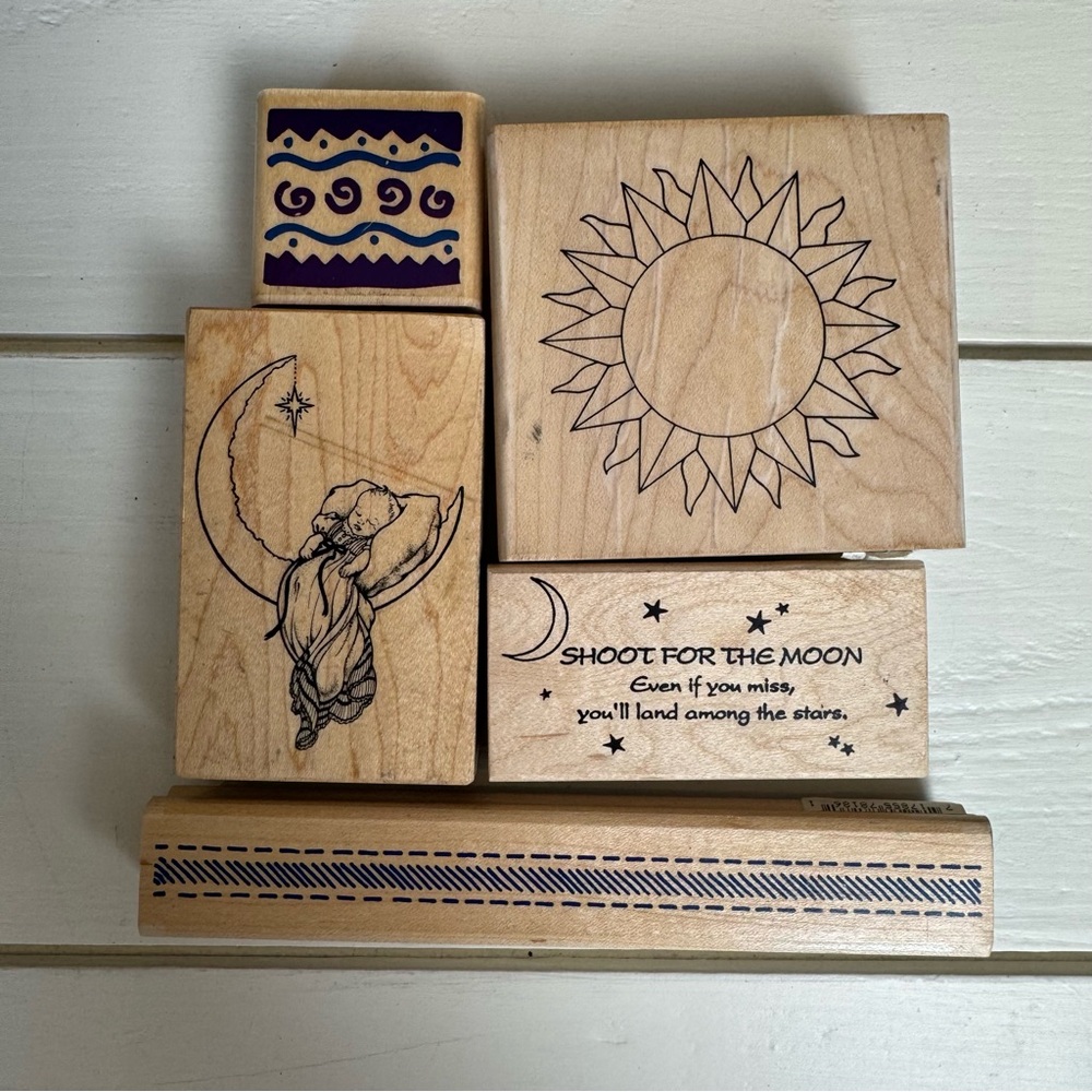 SUN + MOON Wooden Rubber Stamps Set with Inspirational Designs lot of 5